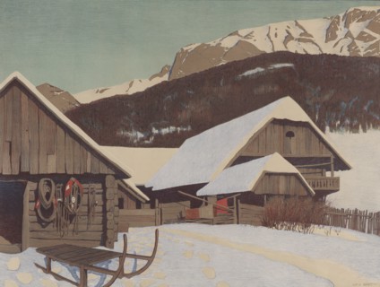 European Winter Scene with Alpine Cabin