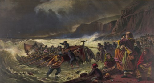 Rescue boat near crowded beach during storm