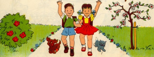 Boy & Girl on the way to school with dog & Cat