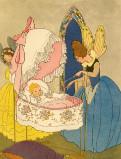 Fairy God Mother holds a magic wand over an infant in crib