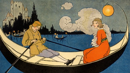 Young Princess rowed in a gondola in a lagoon