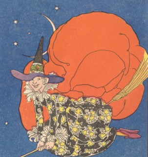 Witch on broom flies through a night sky