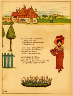 Girl carrying a basket walks away from her red home
