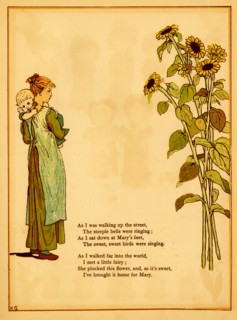 Girl holds baby and thinks of picking sunflowers