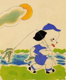 Anthropomorphic, dog has a reel of fish