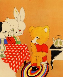 Bear sits waiting for tea  to boil as Cat, dog and bunny look on