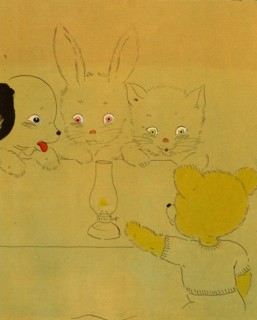 Anthropomorphic bear lights an oil lamp for bunny, cat and dog