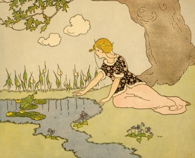 Girl sits by pond and addresses a frog