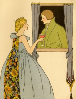 Princess serves a goblet of wine to a young lad at the window