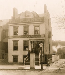 People posed on porch of and in the Planet newspaper publishing house, Richmond, Virginia