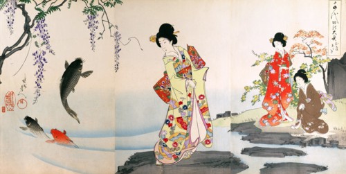 Women at the castle pond watch jumping carp