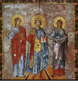 David, prophet and king. Depicted as a Byzantine emperor. Flanked by wisdom and prophecy. Miniature. 13th century