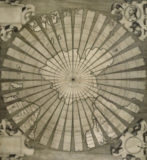 World map. South Pole. Map by Antonius Florianus. Engraving by 16th century.