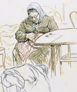 An old woman sewing.