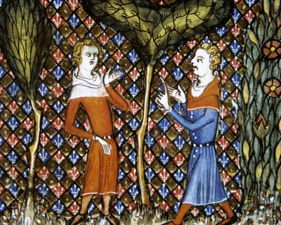 Poem 'Le Roman de la Rose' depicting Amant and Belacueil.
