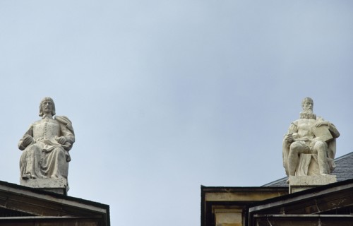 Statues. Leandro Fernandez de Moratin and Miguel de Cervantes Theater of Universidad Laboral of Gijon. Asturias. Spain.