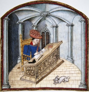 Noble writing a manuscript. Miniature. 'Livre des Cent Ballades'.