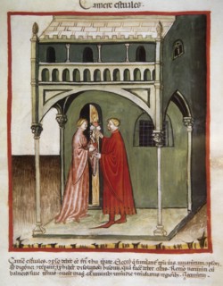 A man gives a bouquet to his wife.