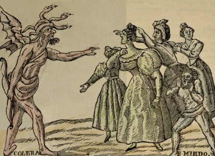 Barcelona. Dispute between women and the personification of Cholera in his farewell. Engraving.