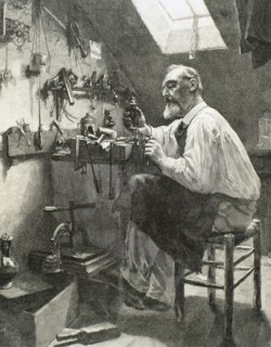 Craftsman in his workshop. Engraving. 19th century.