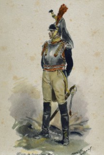 Napoleonic Wars. Cuirassier. French Army. Heavy cavalry. Engraving. 1806.