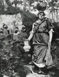 Spain. Asturias. Woman fetching water. Fount Castaneu. Engraving.