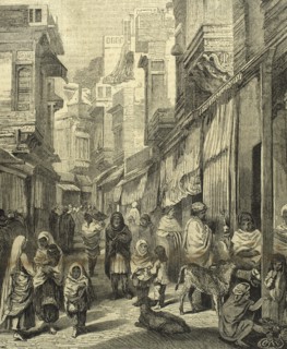 India. Varanasi. Street of the city. Daily life. Engraving.