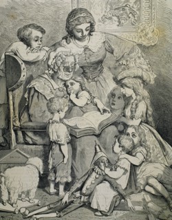 Family reading tales of Charles Perrault. Engraving.