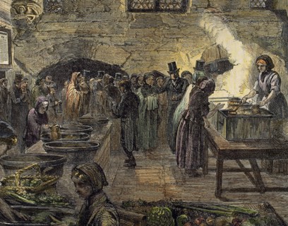 Lancashire Cotton Famine (1861-65). Soup kitchen. Engraving. Colored.