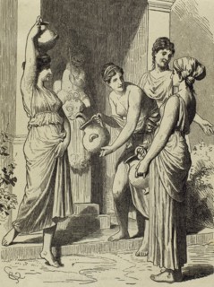 The slaves are picking water up from the public fountain.