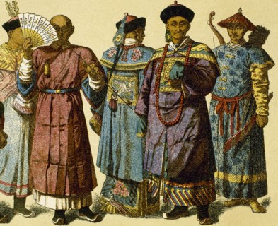Mandarin chinese with official dress and house attire next to Chinese archer.