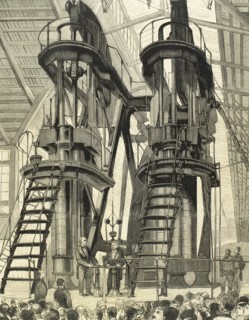 Ulysses S. Grant and Pedro II of Brazil switch on the Corliss Centennial Engine.
