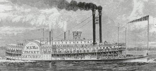 US Mail Packet Natchez steam boat sailing by the Mississippi river.