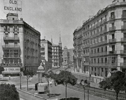 Balmes street with the Sarria's railway and the Old England store.