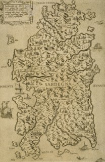 Map of Sardinia. Mediterranean Sea. Italian engraving. 16th century.