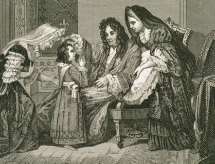 Louis XIV (1638-1715), King of France, with his grandson. Engraving.