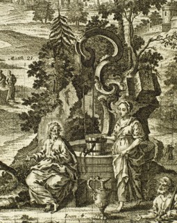 Samaritan woman at the well. Engraving.