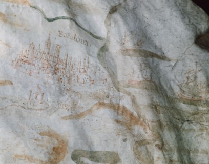 Parchment. Drawing city Barcelona and Port of city. 1521. Spain.