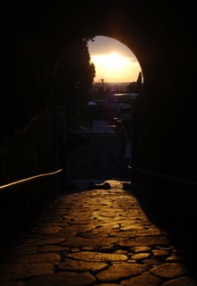 Pompeii. Sunset on a cobbled street.