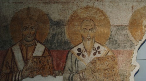 Fragment of fresco with decoratotion in three horizontal bads.