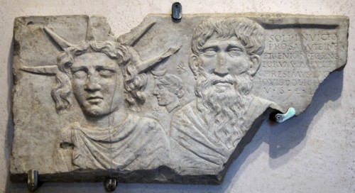 Slab: Sol Invectus (Unconquered Sun), moon and Jupiter Dolichenus.