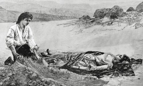 Death of Manon Lescaut. Engraving by Ch. Baude, painting original by Dagnan-Bouveret. La Ilustracion Artistica, 1884.