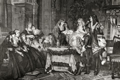 The posthumous baptism. Engraving.
