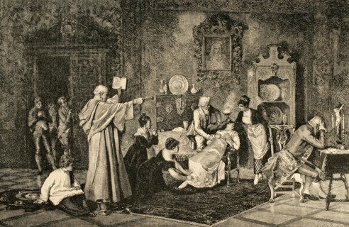 Exorcism. Cleric doing a spell against the evil spirit. Engraving.
