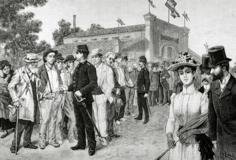 Queues poor to eat free. Madrid. Shop Asylum opened by Queen of Spain, Maria Christina of Austria (1858-1929). Engraving, 1889.