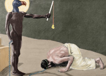 Mammon. In the New Testament of the Bible, is material wealth or greed. Colored engraving.