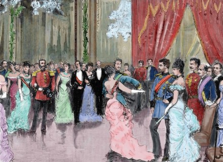 Prince Ludwig Ferdinand of Bavaria (1859-1949) and Infanta Maria da Paz of Spain (1862-1946). Dance in honor of the newlyweds. Engraving. Colored.