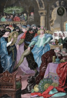 Wedding Lohgengrin and Elsa, daughter of the Duke of Brabant. Engraving, 1882. Colored.
