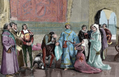 Eleanor of Castile (1307-1359) seeking justice King Peter I of Castile. Engraving. Colored.