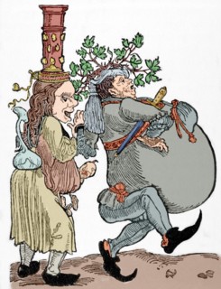 Martin Luther (1483-1546) and his wife Katharina von Bora (1499-1552). Caricature. Colored engraving.
